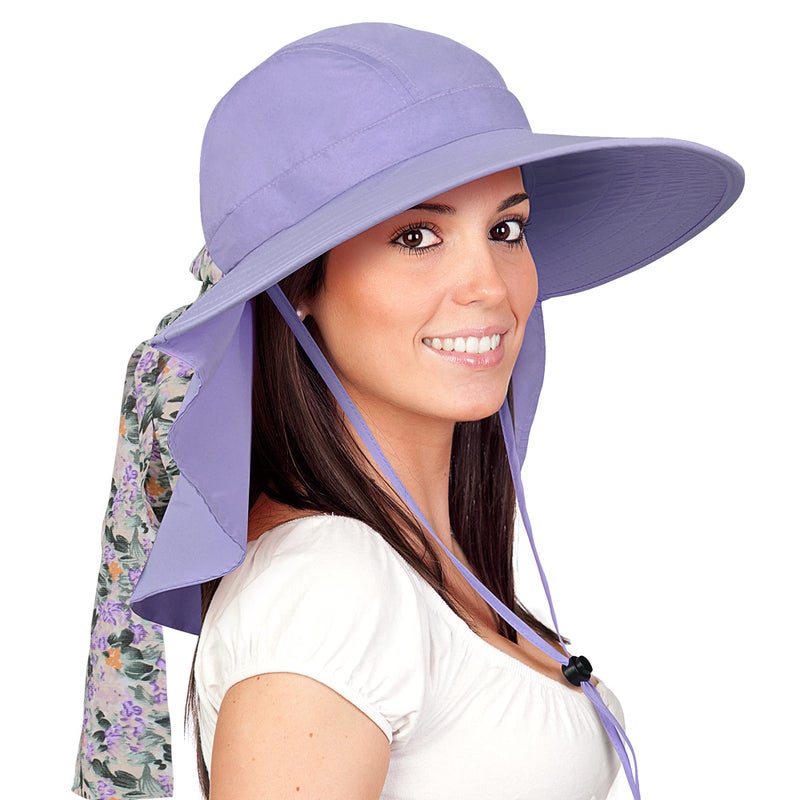 Solaris UPF 50+ Women's Wide Brim Sun Hat â€“ Lightweight Foldable with Detachable Scarf & Neck Cover, UV Protection for Hiking, Beach, Gardening Purple - Image 1